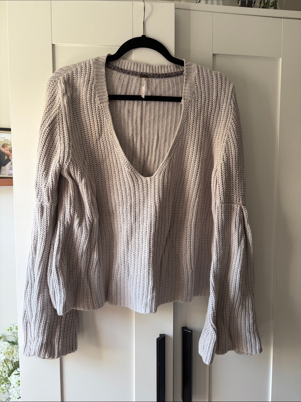 Free People Gray Ribbed V-Neck Sweater with Bell Sleeves